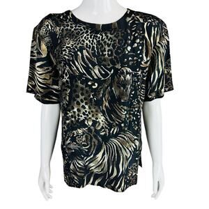 FU DA Womans Sz Medium Blouse Black Animal Print 100% Silk Short Sleeve‎